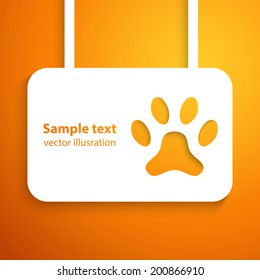 Applique dog track icon frame. Vector illustration for happy animal design. Paw cut out white paper. Isolated on orange background.