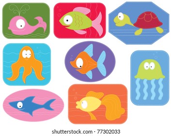 Applique fabric with cartoons water animals.Vector fishes on white