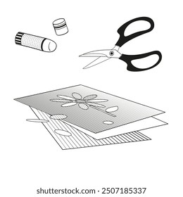 applique flower on sheet, scissors and glue
