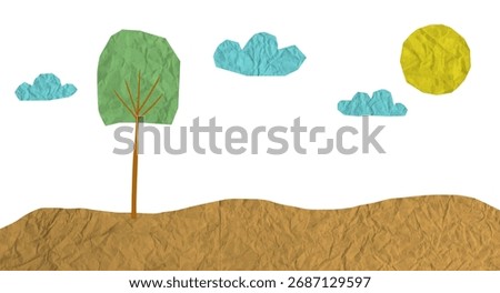 Applique made from cut out crumpled paper. Vector illustration of save environment scenery, featuring a tree, sun and clouds in the sky. This playful design for fun kindergarten school