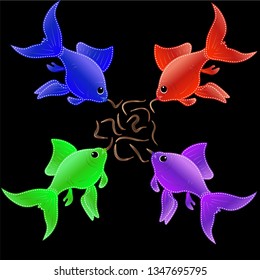 Applique from matter pieces in the form of multi-colored small fishes, the eating worms. Vector illustration.
