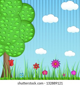 Applique from paper. Tree, grass and flowers on a blue striped background