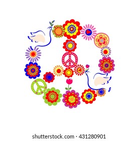 Applique with peace flower symbol with doves and colorful flowers