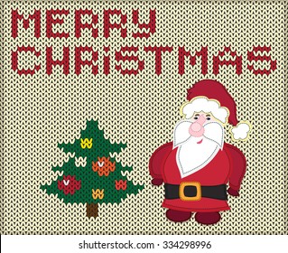 Applique with Santa on the knitted background. Christmas vector illustration