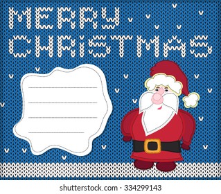 Applique with Santa on the knitted background with place for your text. Christmas vector illustration