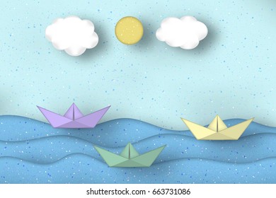 Applique Scene with Cut Boats, Clouds, Sun Style Paper Origami Concept. Modeling Seascape for Cards, Posters. Cutout Template with Elements, Symbols. Vector Illustrations Art Design.