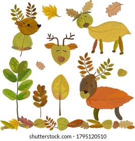 Applique set of autumn forest deer leaves. Vector illustration for creativity.