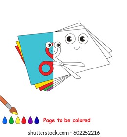Applique set with paper and scissors, the coloring book to educate preschool kids with easy gaming level, the kid educational game to color the colorless half by sample.