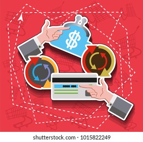 Applique from stickers, symbolizing purchases in the store for cash and credit. Vector illustration