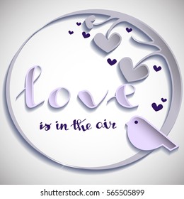 Applique Vector illustration with Birds perched on a branch of a tree. Happy Valentine's Day. Typographical background "Love is in the Air"