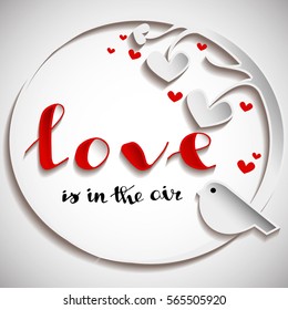 Applique Vector illustration with Birds perched on a branch of a tree. Happy Valentine's Day. Typographical background "Love is in the Air"