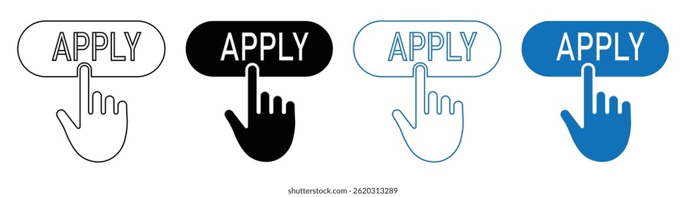 Apply Button Icon Vector Set, Hand Click Outline, Filled Style