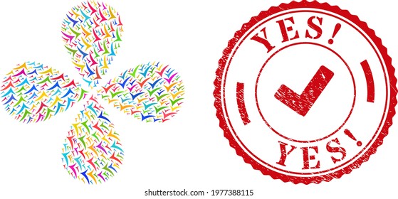 Apply colored rotation burst, and red round YES Exciting. rubber print. Apply symbol inside round stamp print. Object cluster done from random apply symbols. Vector flower collage in flat style.