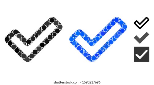 Apply composition of round dots in various sizes and color tinges, based on apply icon. Vector dots are composed into blue composition. Dotted apply icon in usual and blue versions.