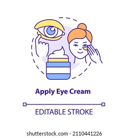 Apply eye cream concept icon. Under eye area care. Skincare routine abstract idea thin line illustration. Isolated outline drawing. Editable stroke. Roboto-Medium, Myriad Pro-Bold fonts used