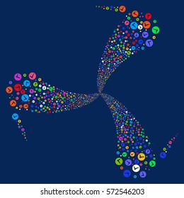 Apply fireworks swirl rotation. Vector illustration style is flat bright multicolored iconic symbols on a blue background. Object spiral constructed from random icons.