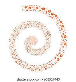 Apply fireworks swirling spiral. Vector illustration style is flat orange scattered symbols. Object whirl made from random symbols.