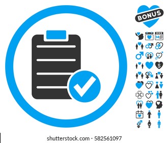 Apply Form icon with bonus decoration pictograms. Vector illustration style is flat iconic blue and gray symbols on white background.