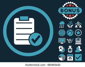 Apply Form icon with bonus images. Vector illustration style is flat iconic bicolor symbols, blue and white colors, dark blue background.