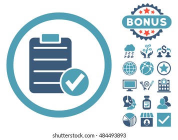 Apply Form icon with bonus pictogram. Vector illustration style is flat iconic bicolor symbols, cyan and blue colors, white background.