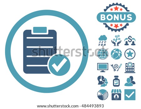Apply Form icon with bonus pictogram. Vector illustration style is flat iconic bicolor symbols, cyan and blue colors, white background.