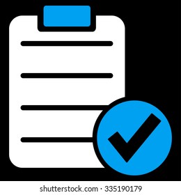 Apply Form vector icon. Style is bicolor flat symbol, blue and white colors, rounded angles, black background.