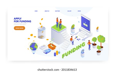 Apply for funding, landing page design, website banner vector template. Sources of finance for starting business project