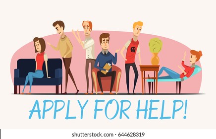 Apply for help to psychologist poster with specialist and patients with various problems flat vector illustration