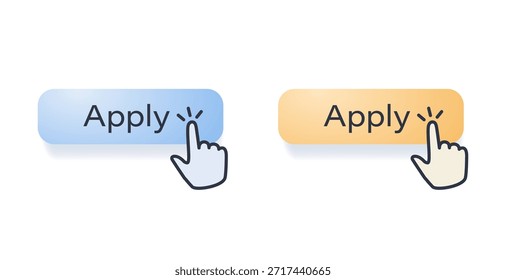 Aplicar conjunto de iconos. Botones modernos con puntero Aplicar y cursor, colores azul y amarillo. Icono de Botón de Enviar de trabajo. Símbolos y Elementos de diseño de Sitios web de interfaz de usuario y UX. Icono de Vector aislado en blanco