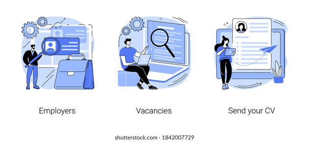 Apply for a job abstract concept vector illustration set. Employers and vacancies, send your CV, hiring, hr service, start your career, company corporate website, headhunting abstract metaphor.