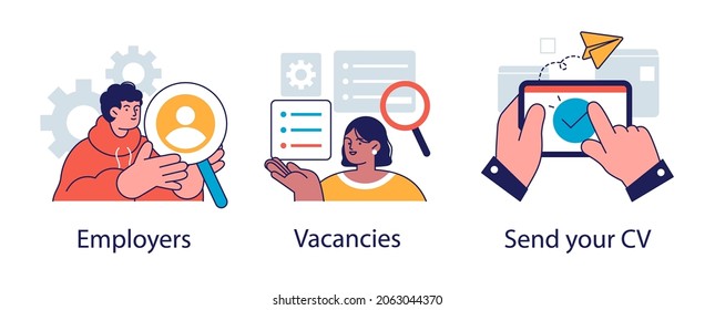 Apply for a job abstract concept vector illustration set. Employers and vacancies, CV abstract metaphor.