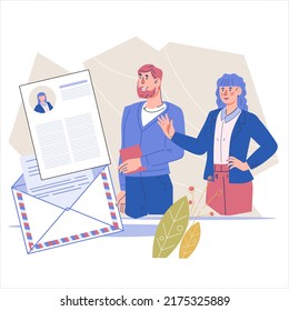 Apply for a job and send your CV concept. People job candidates sending a CV into an email letter online, job application, flat vector illustration isolated on white.