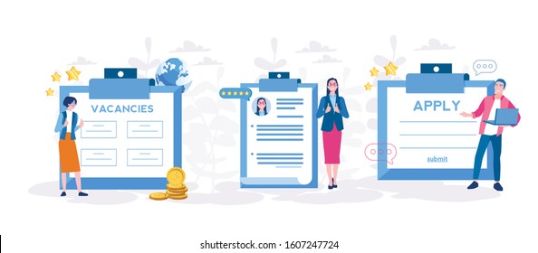 Apply For Jobs, Submit Vacancies Form. Work Position Sourcing. Vector Illustration For Web Banner, Infographics, Mobile. Employee Resume, Business Recruiting. Arrange Appointment, CV