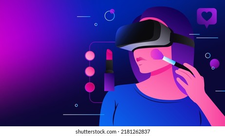 Apply Makeup in Metaverse. Woman doing makeup using VR technology. Vector illustration