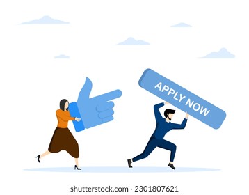 Apply for new job online, concept of job application or opening position, career opportunity or job vacancy, entrepreneur holding apply now button and businesswoman with mouse pointer to click