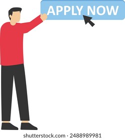 Apply for new job online, concept of job application or opening position, career opportunity or job vacancy, entrepreneur holding apply now button and businesswoman with mouse pointer to click