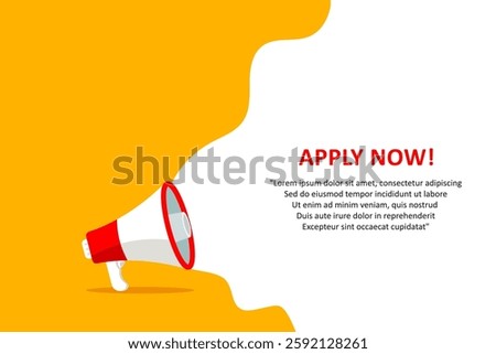 Apply now banner with megaphone. Apply now speech bubble banner. Vector illustration for retail shopping online marketing template, banner, poster, and background.