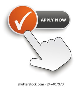 Apply Now button with hand cursor on the white background. Eps 10 vector file.
