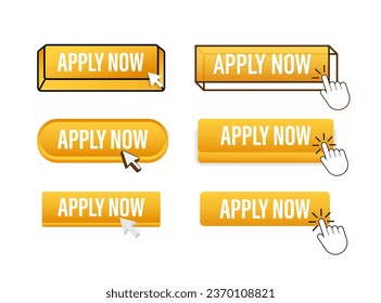 Apply now Button with pointer clicking. Apply web buttons set. User interface element in flat style. Vector illustration
