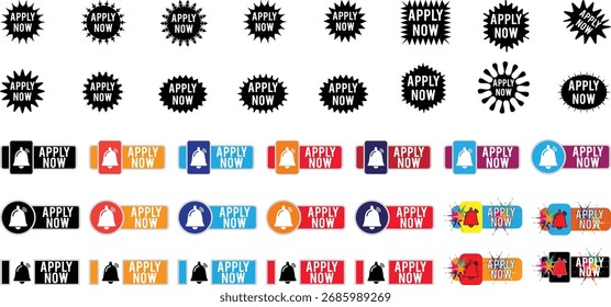 Jetzt bewerben Button und starburst Label Icon Set Kollektionen für Social Media, Website Marketing Kampagnen und Business Finance