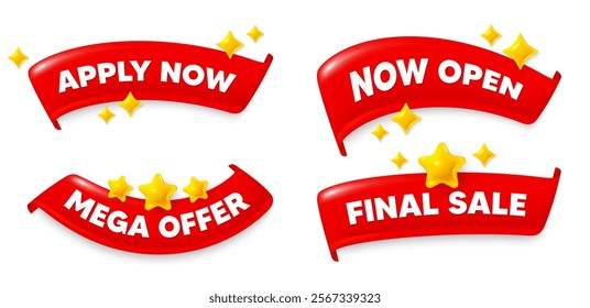 Apply now flag ribbon. Mega discount, Final sale, Now open. Apply now. Register today sign. Job hiring symbol. Red flag ribbon banners. Promo offer tags. Vector