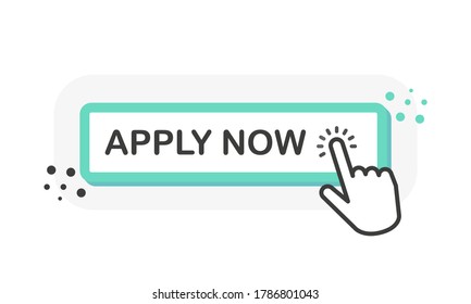 APPLY NOW green 3D button with hand pointer clicking. White background. Vector illustration.