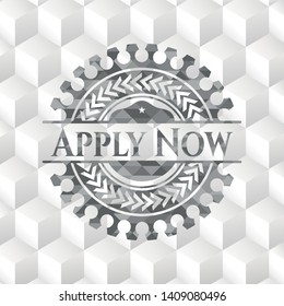 Apply Now grey emblem. Retro with geometric cube white background