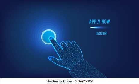 Apply now - human resources concept. Button and hand from triangles and points on dark blue background. Polygonal illustration. Low poly.  