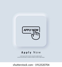 Apply now icon. Apply now button with hand cursor. Apply now logo. Vector. UI icon. Neumorphic UI UX white user interface web button.