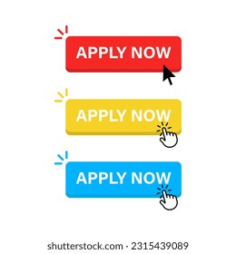 Apply now icon submit button banner. Check box mark icon with correct sign - Register now label, mouse cursor click icon. web vector template