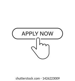 Apply now linear button icon isolated with hand pointer. Click finger illustration. Registration button. EPS 10