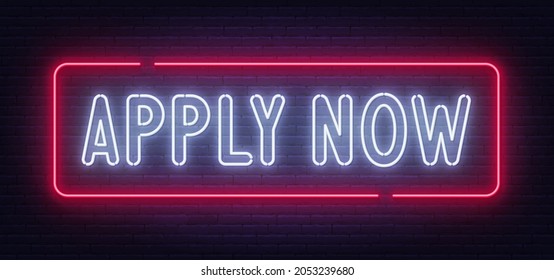 Apply Now neon sign on a brick wall background.