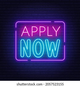Apply Now neon sign on a brick wall background.