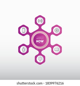 Apply now - original button for web design with 6 icons. Design element for internet projects or website. Vector.